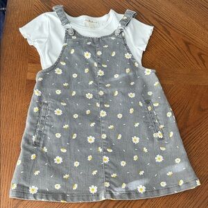 Gray Floral Pinafore Dress with White Tee